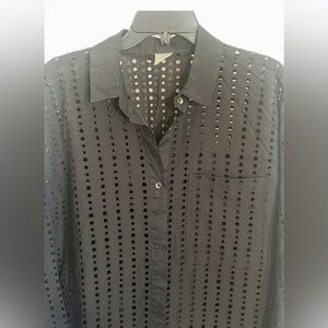 Black Perforated Button Down Blouse/Coverup